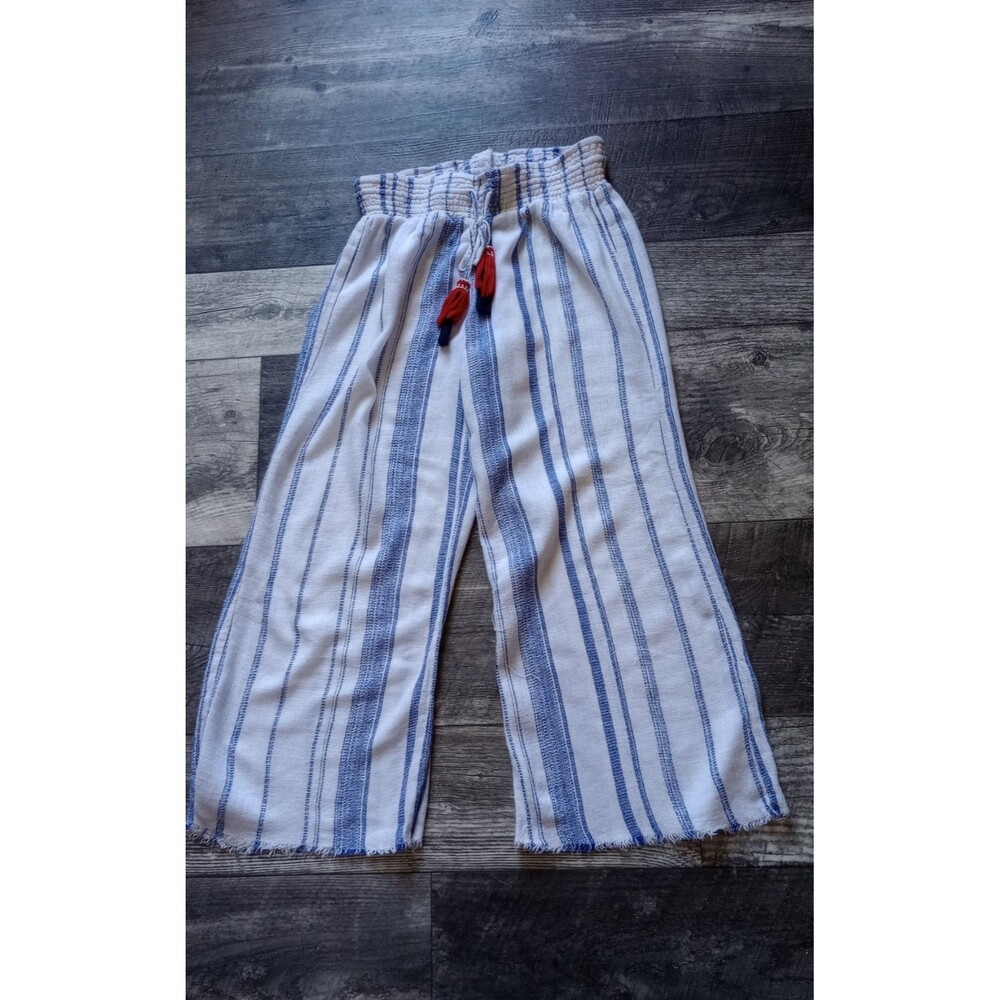 Indigo Rein Women's S White & Blue Striped Cropped Linen Blend Pants